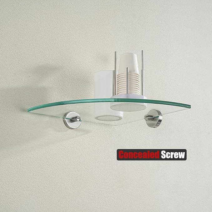 JQK Corner Glass Shelf, Brushed Steel Bathroom 304 Stainless Steel Shower Triangle Floating Wall Shelf, 10 x 10 Tempered Glass, 2 Pack, TGS190L10-BN-P2
