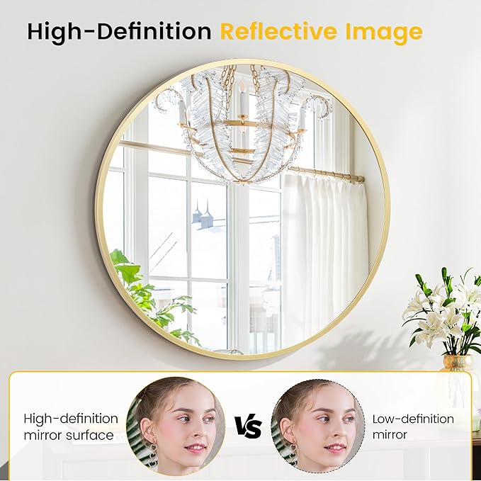 24 in Round Mirror for Wall, Gold Metal Frame Circle Mirror, Round Bathroom Mirror for Wall Decor, Mirror for Entryway, Vanity, Bedroom, Easy to Install