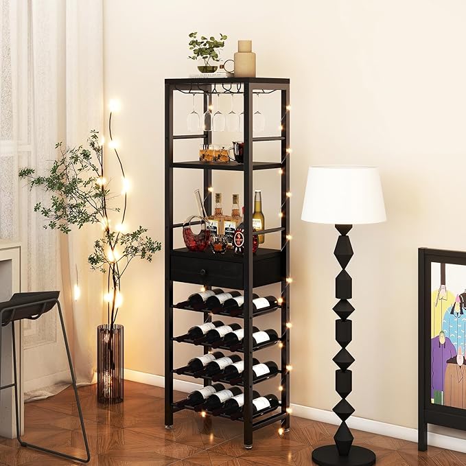 IBUYKE Wine Rack Freestanding Floor, Bar Cabinet for Liquor and Glasses,Coffee Bar Cabinet 4-Tier Wood bar Cabinet,Glass Holder and Storage Drawer for Home Bar Kitchen Living Room,Black UTMJ905B