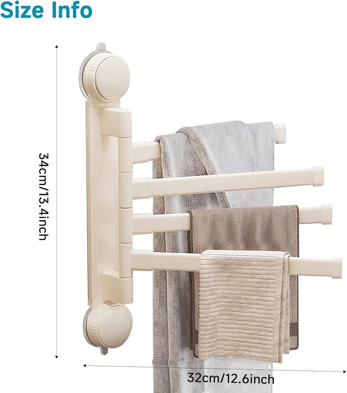 Suction Cup Towel Rack,Space Saving Wall Mounted Swivel Towel Holder, SUS304 Stainless Steel 4-Arm No Drilling Towel Bar for Bathroom, Kitchen-White