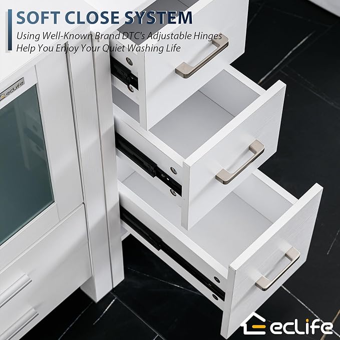 eclife 84" Modern Bathroom Vanity Sink Combo Freestanding Cabinet with Small Side Cabinet, Clear Round Glass Vessel Sink, Water Save Faucet, Drain (White+A16)