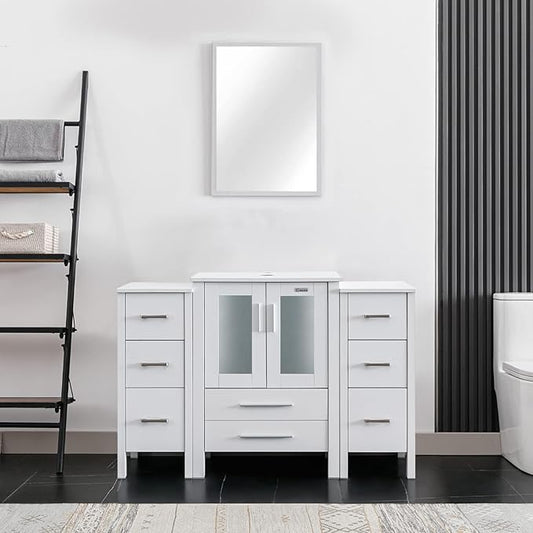 eclife 48" Modern Bathroom Vanity Sink Combo Freestanding Cabinet with Small Side Cabinet, Without Vessel Sink, Faucet, Drain (White Vanity Only)