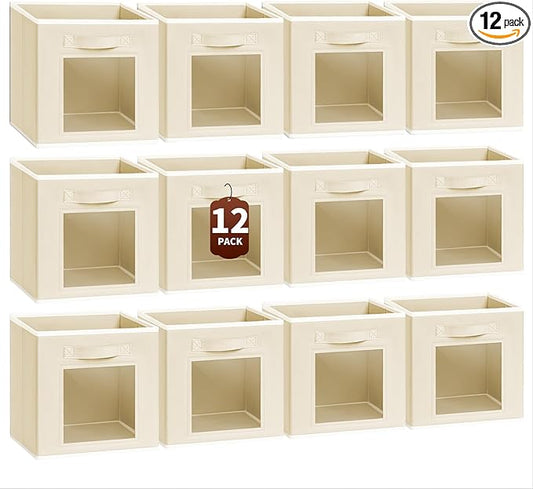 Foldable Storage Cubes - Cubby Storage Organizer with Window, Decorative Baskets for Organizing, Fabric Bins for Clothes Storage, Closet Storage Cubes-11inch, Set of 12, Beige