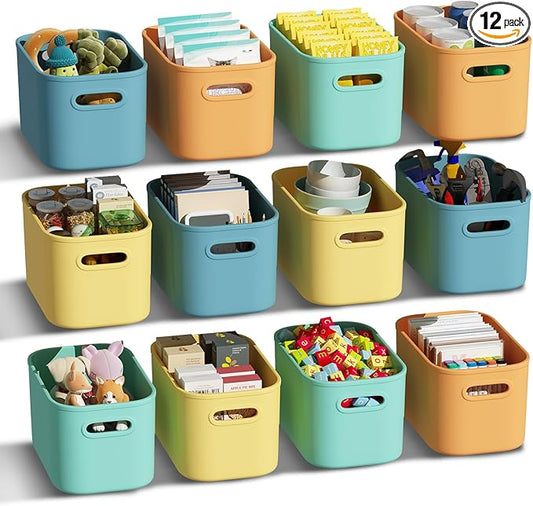 12 Pack Colorful Plastic Storage Bins, Storage Container for Organizing, Colored Storage Boxes with Handle for Shelves, Cute Organizer Bins for Craft, Snacks, Cabinet, 9.69x6.7x5.7 inch