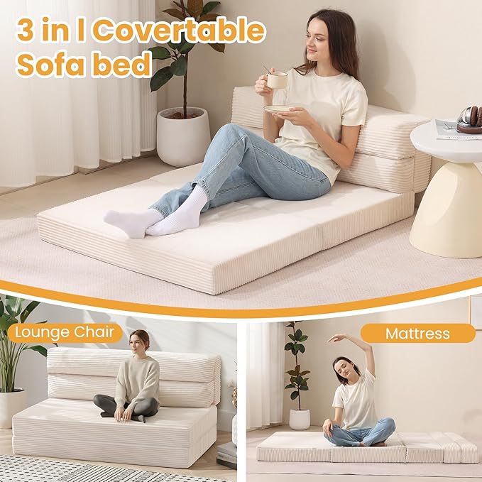Folding Mattress Full Size, 3 in 1 Convertible Sofa Bed Fold Out Couch Bed Floor Couch Lounge Sleeper Mattress for Living Room, Guest Room, High-Density Memory Foam 5'' Thickness, Beige, Corduroy