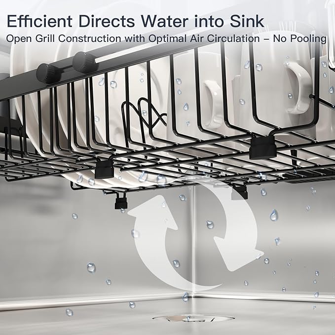Small Expandable Over The Sink Dish Drainer Drying Rack In Stainless Steel Metal For Kitchen, Counter Space Saving Black Compact Above Plate Dryer Strainer, Adjustable Hanging Inside Sink Drain Holder
