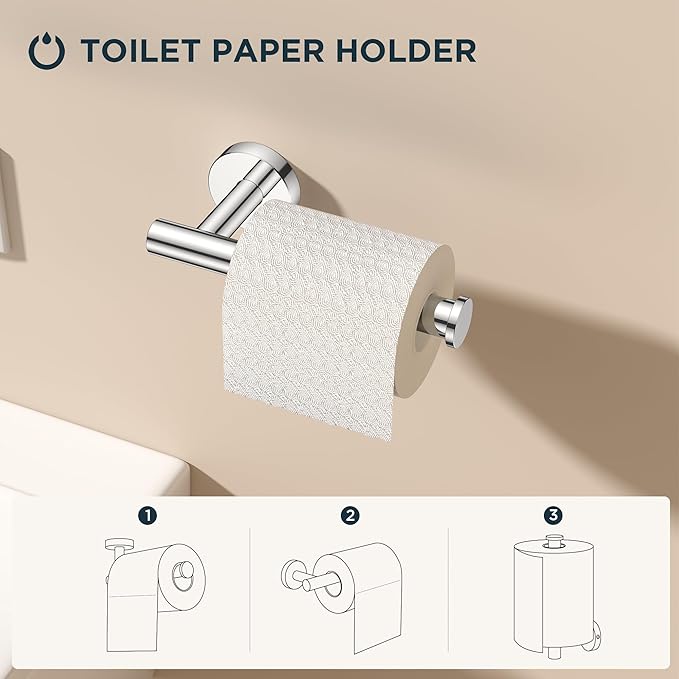 FORIOUS 4 Piece Bathroom Accessories, SUS304 Stainless Steel Toilet Paper Holder, Towel Ring and 2 Towel Hooks, Wall Mounted Bathroom Hardware Set (Chrome)