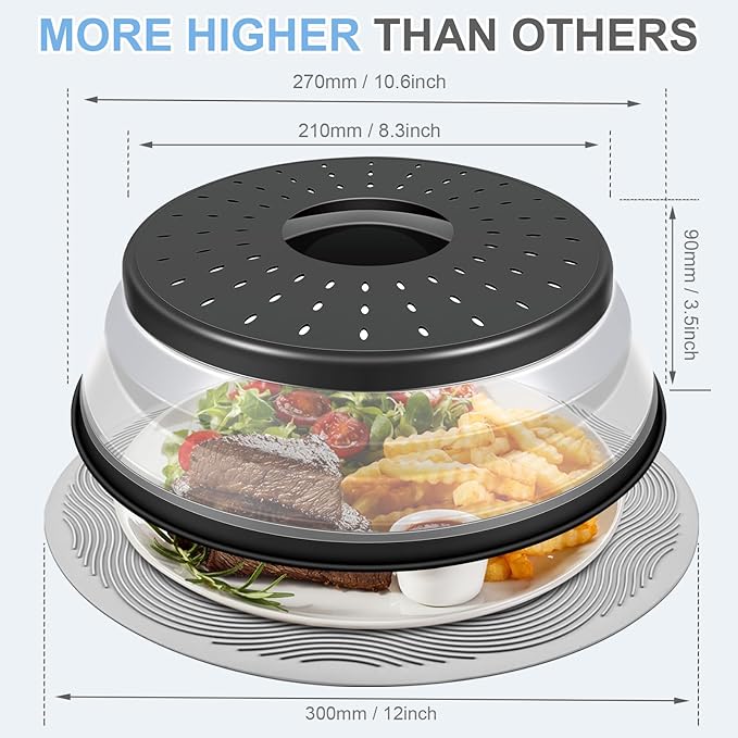Microwave Food Cover with Mat 12 Inch, Mat as Bowl Holder, Cover for Splatter Guard, Collapsible Lid for Plate Dish, Multi-Purpose Silicone Mat & Kitchen Colander Gadget for Meal Prep,Charcoal