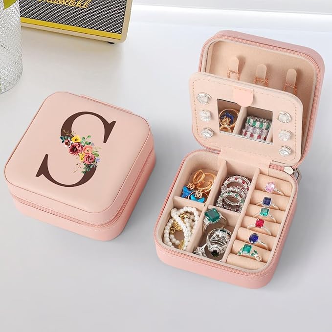 Parima Gifts for Friends Sister - Pink Jewelry Organizer with Mirror Gifts for Women Friends Female Birthday Gift Initial Personalized Jewelry Box for Women - Letter S, Pink