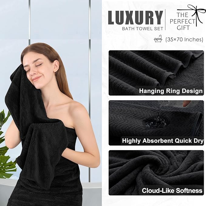 4 Piece Extra Large Bath Towel 35"x70" Oversized Bath Sheet Black Bath Towel Set for Bathroom Ultra Soft Cozy Highly Absorbent Quick Dry Bathroom Towel for Spa Gym Hotel,Shower Towel for Daily Use