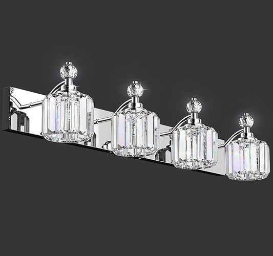4-Light Bathroom Vanity Light - Crystal Bathroom Lighting Fixtures Over Mirror with 60w(Max) E12 Base, 56pcs Crystal Sheet, Chrome Vanity Lights for Bath Room