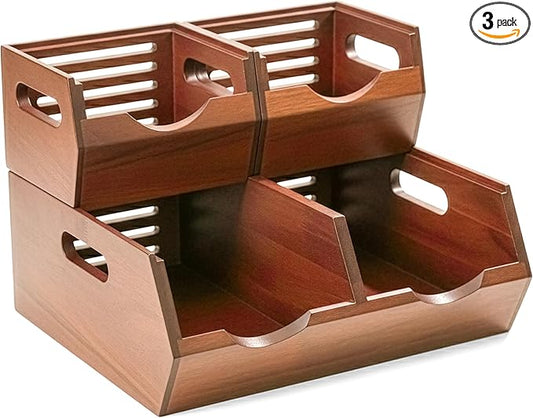 HOMESTEAD Stackable Solid Wood Storage Bins for Kitchen Pantry & Countertop, Ventilated Potato and Onion Basket Organizer with Handles, Wooden Produce Storage Containers, 3-Pack, Chestnut Finish