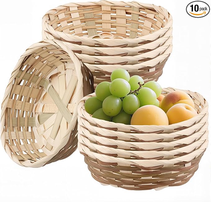 10 Pack Round Bamboo Gift Baskets, 7" Small Woven Bread & Fruit Basket for Kitchen Restaurant Display, Party Decor Serving Storage