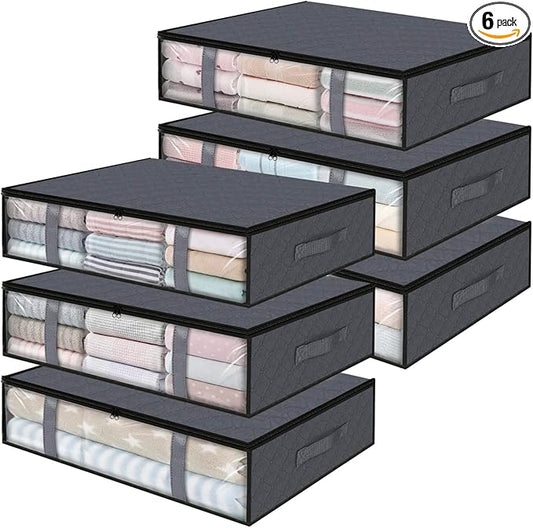 Under Bed Storage Bins, 6-Pack 40L Foldable Fabric Storage Bags with Transparent Window, Breathable Organizer for Clothes/Blanket/Comforter/Quilt, Grey