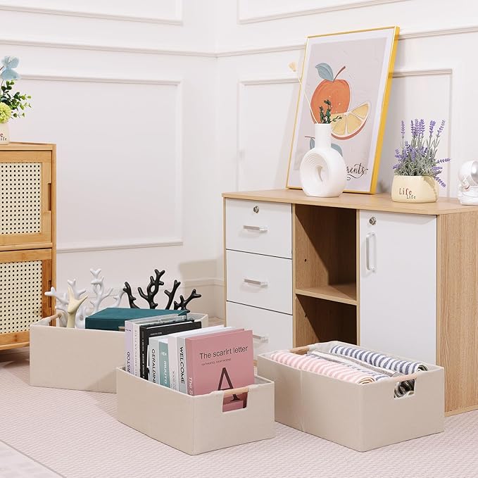 ANMINY 6PCS Storage Baskets for Organizing Collapsible Fabric Storage Bins Boxes with Wood Handles Closet Shelves Cube Organizer Bins Clothes Laundry Storage Container - Large, Beige