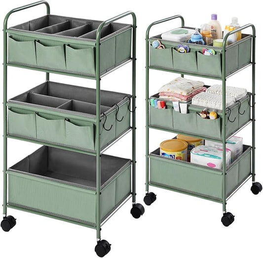 WILLBOND 3 Tier Green Baby Diaper Caddy Organizer Cart with 4+3 Dividers Large Capacity Metal Utility Bedside Rolling Cart Newborn Registry Nursery Essential Must Have Crib Bedroom Baby Shower