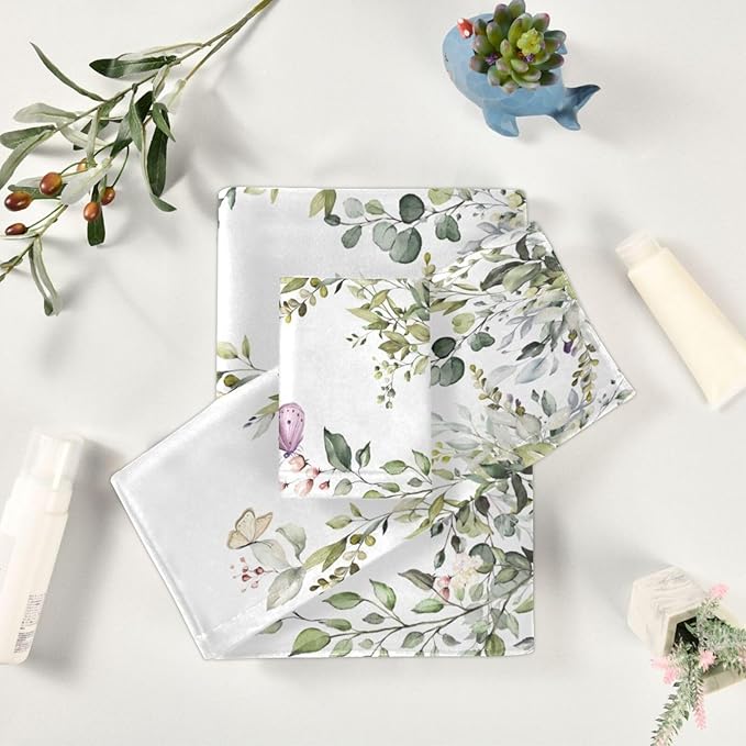 Sage Green Leaves Towels Set, 3 Piece Watercolor Eucalyptus Butterfly (1 Bath, 1 Hand, 1 Washcloth), Absorbent Microfiber Decorative Bathroom Towels for Hair, Face