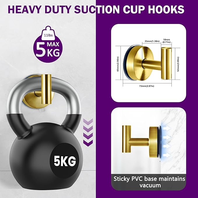 JOMOLA Suction Cup Hooks Stainless Steel Loofah Holder for Shower Bathroom Suction Towel Holder for Inside Shower Coat Hooks Wall Hanger for Door Glass Kitchen Brushed Gold 2Pcs