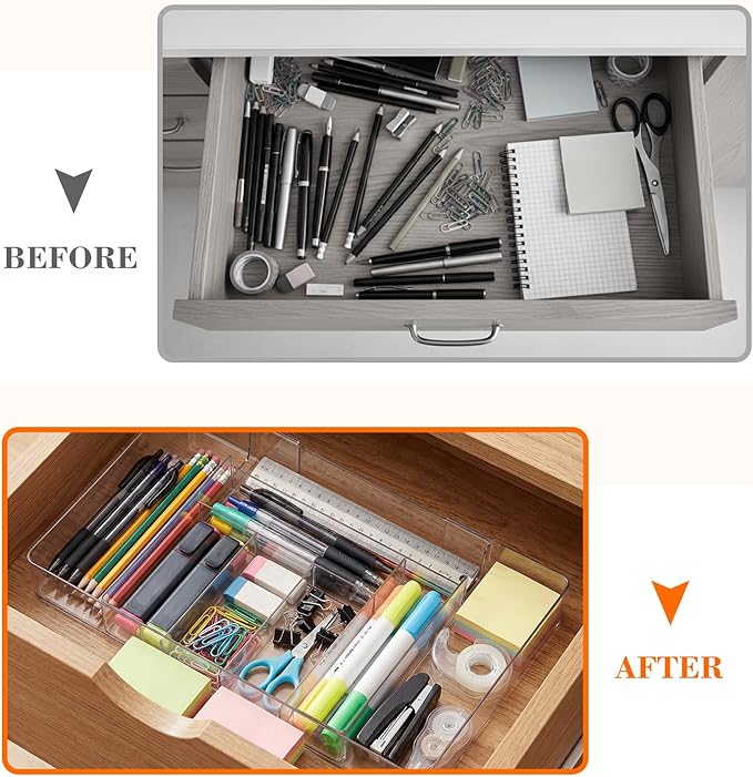 2 Pcs Large Expandable Acrylic Drawer Organizers, Grid Adjustable Drawer, Dividers Organizer for Desk, Makeup, Jewelry, Office, Kitchen Supplies (Clear,8 Compartments)