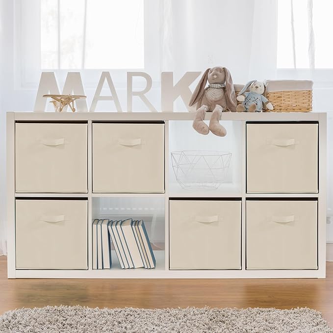 11x11 Storage Bins, Set of 4 Storage Cubes, Collapsible Cube Storage Box, Fabric Closet Organizers with Handles for Home, Office, Closet Shelf Cabinet, Bookcase, Beige