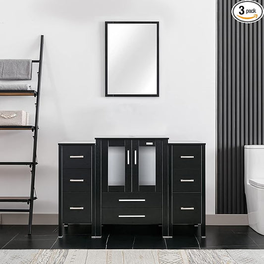 eclife 48" Modern Bathroom Vanity Sink Combo Freestanding Cabinet with Small Side Cabinet, Without Vessel Sink, Faucet, Drain (Black Vanity Only)