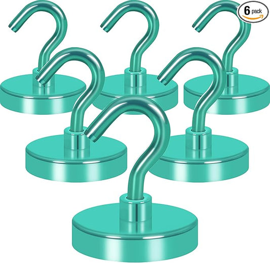 Neosmuk Magnetic Hooks Heavy Duty,Strong Magnet with Hook for Fridge, Super Neodymium Extra Strength Industrial Hooks for Hanging, Magnetic Hanger for Toolbox, Cruise, Grill(Green,6 Pack)