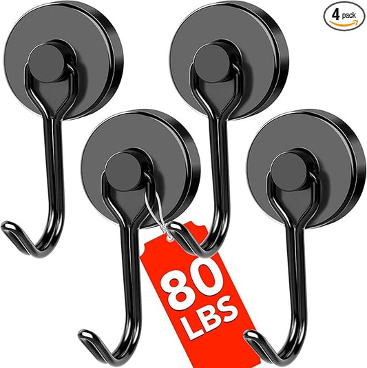 DIYMAG Black Magnetic Hooks, Strong Magnetics Heavy Duty, Magnet Hook with Metal Hanger for Hanging Refrigerator Home Kitchen Office, 4Pack