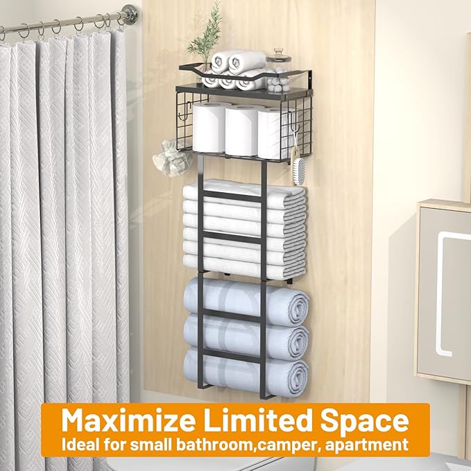 Towel Racks for Bathroom Black, 34IN Rolled Towel Holder, Towel Rack Wall Mounted with 2 Pack Shelf and a Wire Basket, Bathroom Towel Storage and Organizer, Sturdy Metal & Wood