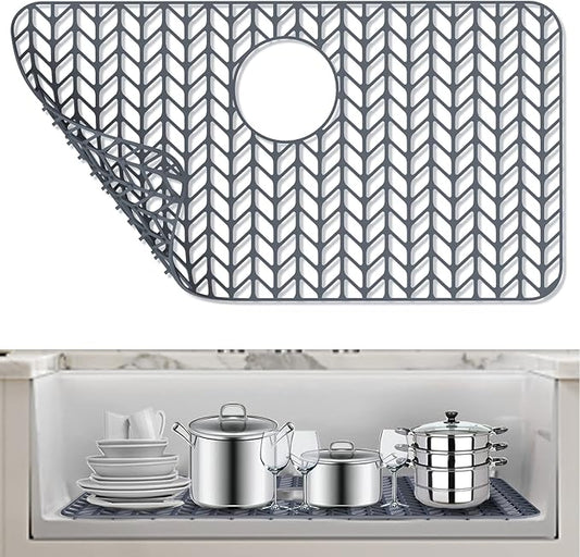 AWOKE Silicone Sink Protectors for Kitchen Sink, 26''x 14'' Folding Non-slip Sink Mat Grid, for Bottom of Farmhouse Stainless Steel Porcelain Sink with Rear Drain (Grey)