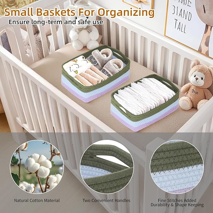 2 Pack Storage Baskets for Organizing, Small Storage Bins for Shelves, Woven Cotton Rope Baskets with Handles, Organizer Baskets for Gifts Empty, 12''Lx8''Wx4.5''H (Rainbow)