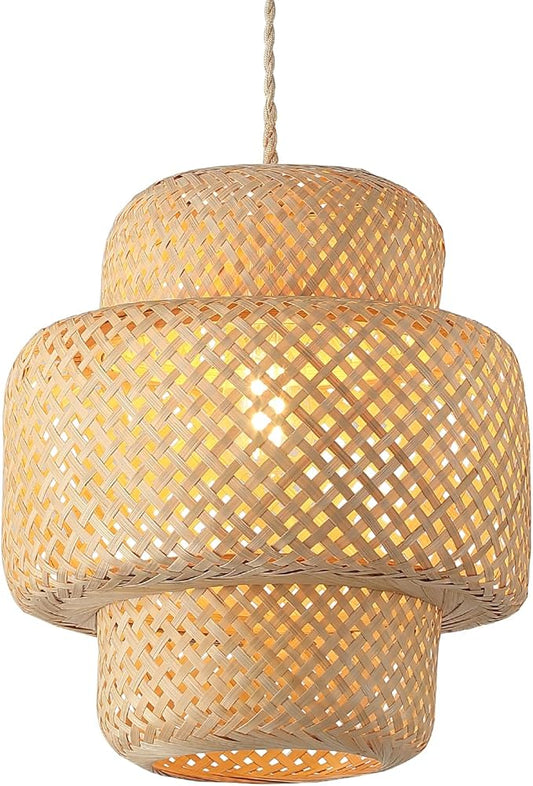 Bamboo Pendant Light Fixture One-Light Adjustable Boho Basket Handmade Woven Pendant Lighting for Kitchen Island Hallway Farmhouse Dining Room