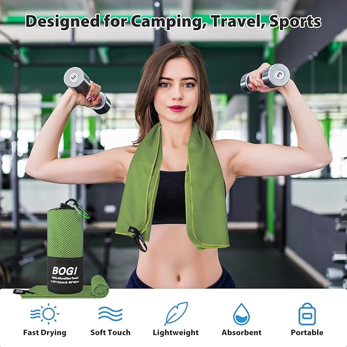 Microfiber Travel Sports Towel-Quick Dry Travel Towel,Soft Lightweight Absorbent Compact for Camping Gym Beach Bath Yoga Swimming Backpacking (L:60''x30''+16''x16''-AGreen)