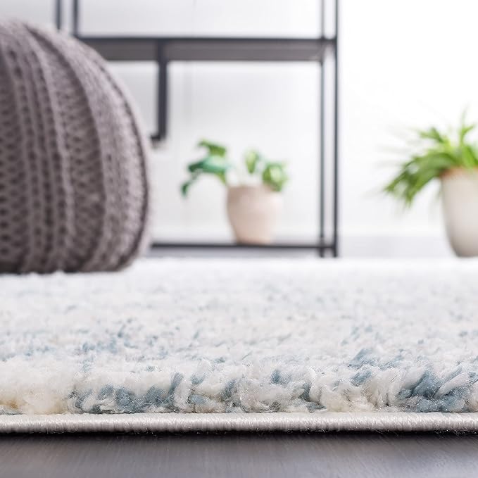 SAFAVIEH Berber Shag Collection Accent Rug - 4' Round, Ivory & Light Aqua, Modern Design, Non-Shedding & Easy Care, 1.2-inch Thick, Ideal for The Living Room, Bedroom, Dining Room (BER563J-4R)