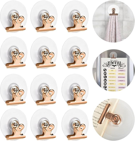 Self Adhesive Metal Clips, 12 Pcs Upgrade Strong Self-Adhesive Clips for Hanging and Organization, Spring Clip for Paper Poster Tapestry Photo Wall Teacher Student Home Kitchen Office Rose Gold