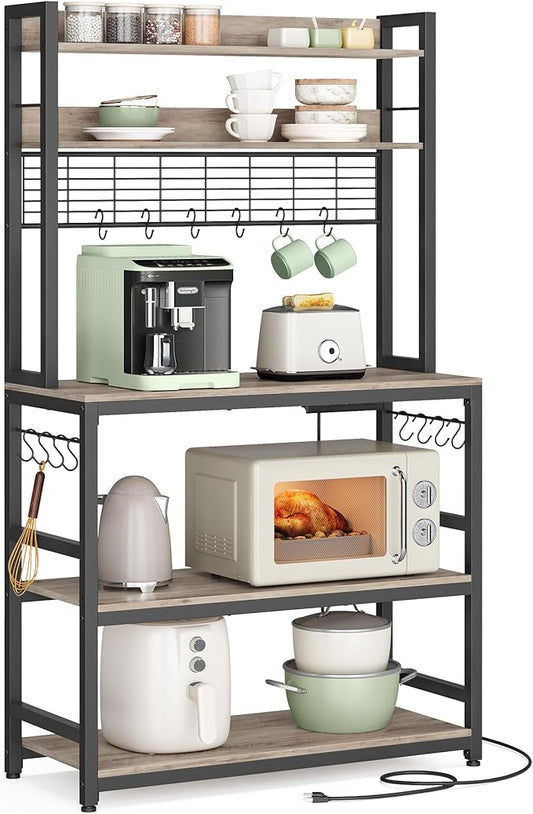 VASAGLE Bakers Rack with Power Outlet, Microwave Stand, Kitchen Tall Utility Storage Shelf, with Metal Wire Panel, 14 Hooks, 15.7 x 31.5 x 66.9 Inches, Heather Greige and Ink Black UKKS025B02