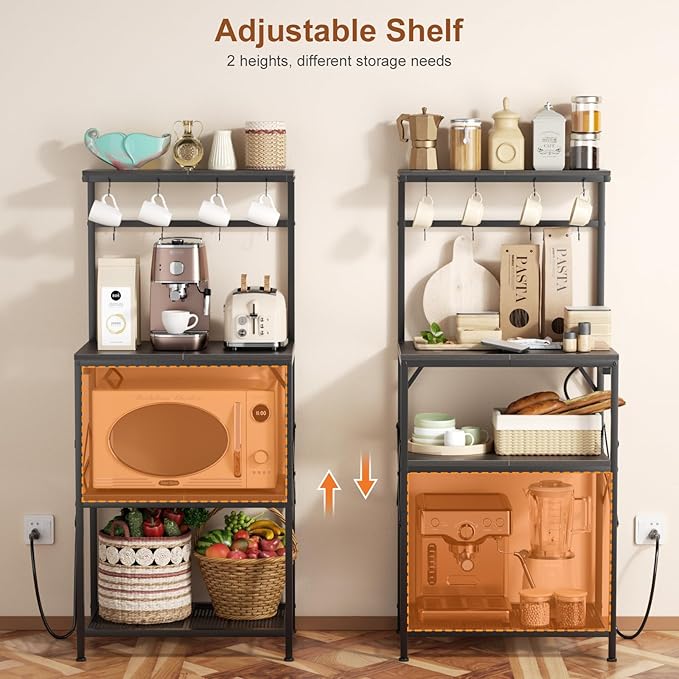 Kitchen Bakers Rack with Power Outlet, Small Coffee Bar Cart 4 Tiers, Microwave Stand with 8 Hooks, Adjustable Shelf, Freestanding Kitchen Appliance Stand, Black Oak