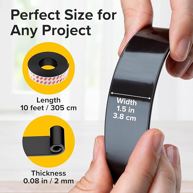 Super Sticky Magnetic Tape (10 feet x 1.5 inch) - Stong Magnet Strip with Adhesive Backing for DIY & Crafts - Easy to Cut and Mount on Fridges, Whiteboards & More
