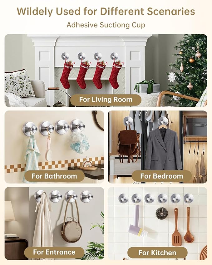 Suction Cup Hooks for Shower, Suction Cup Hooks for Door Wreaths, Robe Towel Hooks Heavy Duty for Bathroom Hanging, Windows, Kitchen, Glass, Mirror, No Drilling, 6 Pack (Silver)