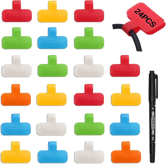 Cord Labels for Electronics Write On,24 PCS Reusable Cable Labels Tags,Colorful Wire Labels to Identify Charging Cords,with 1 Marker