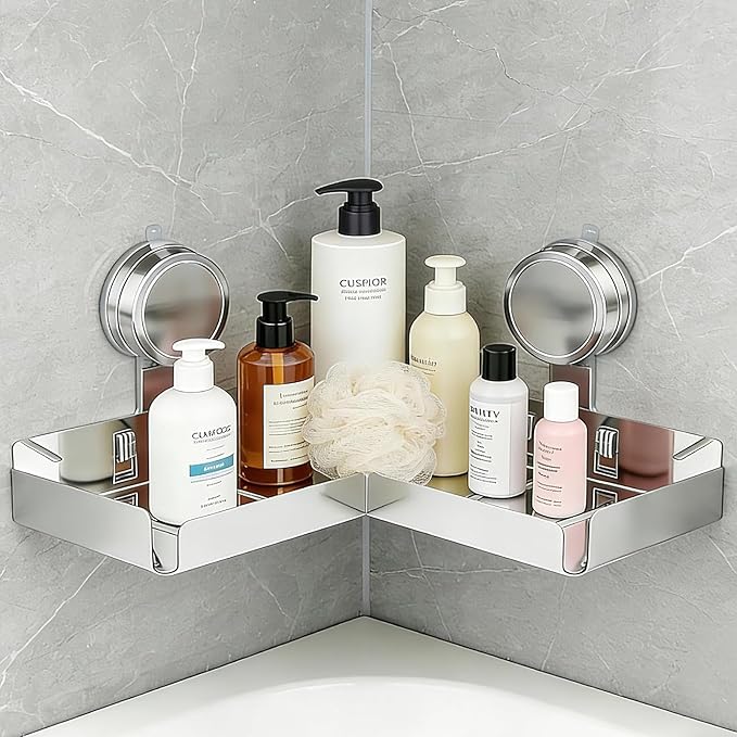 Stainless Steel Shower Shelf 2-in-1 20" Straight & L-Shaped Corner Mount – Heavy Duty Suction Cup Organizer, No-Drilling Fits Behind Faucet, Rustproof Wall Caddy for Bathroom Kitchen Shower Storage