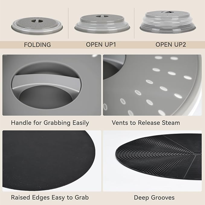 WENWELL 12" Microwave Splatter Cover & Mat, Large Vented Collapsible Splatter Guard Dish Plate Lid & Silicone Round Kitchen Mat for Food