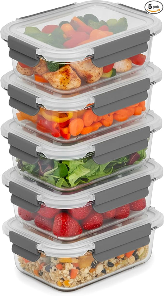 ECOBERI 4.5 Cup Glass Meal Prep Containers with Lids & Silicone Sleeves, 5-Pack Airtight, Leak-Resistant Food Storage Containers for Fridge, Freezer, Oven & Microwave