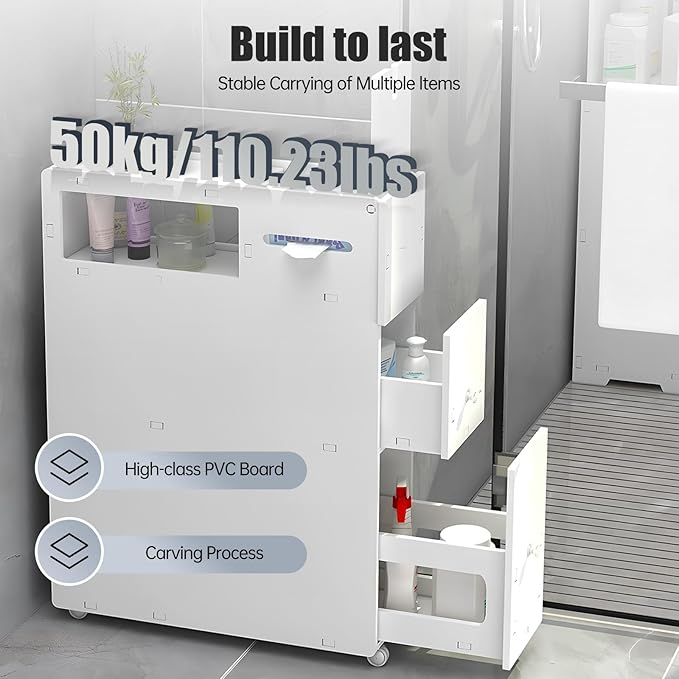 Slim Bathroom Storage Cabinet with Toilet Paper Holder, Small Narrow Floor Cabinet with Drawers & Lockable Wheels, Modern White Bathroom Cabinet Organizer for Tissues, Towels, Toiletries