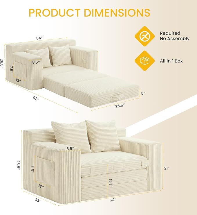 Boneless Loveseat Sleeper Sofa Bed: 3-in-1 Convertible Sofa Bed with Side Pockets & Handle,Pull Out Couch with 2 Pillows,Folding Futon for Small Space,Living Room & Bedroom,Corduroy Fabric,No Assembly