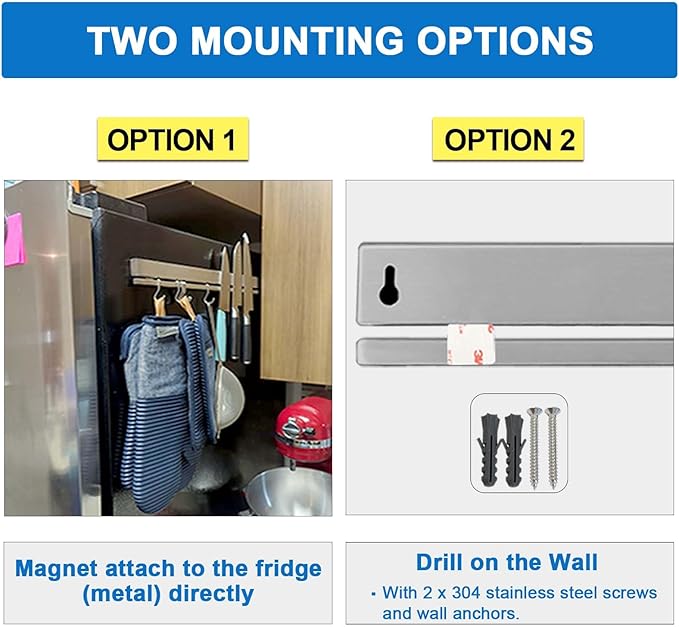 12 Inch Magnetic Knife Holder for Refrigerator with 6 Hooks - Double Sided Magnetic Knife Strip for Fridge - Premium Magnetic Knife Bar Rack - 304 Stainless Steel Kitchen Utensil Hanger