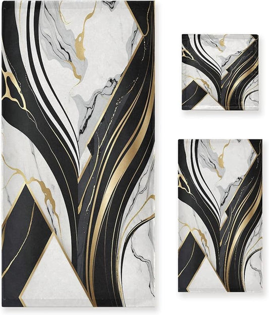 Black and White Modern Bath Towels Set,Ultra Soft 3 Piece Golden Marble Texture Towels for Bathroom,1 Bath Towel 1 Hand Towel 1 Washcloth,Absorbent Quick Dry Decoractive Guest Bathroom Towels
