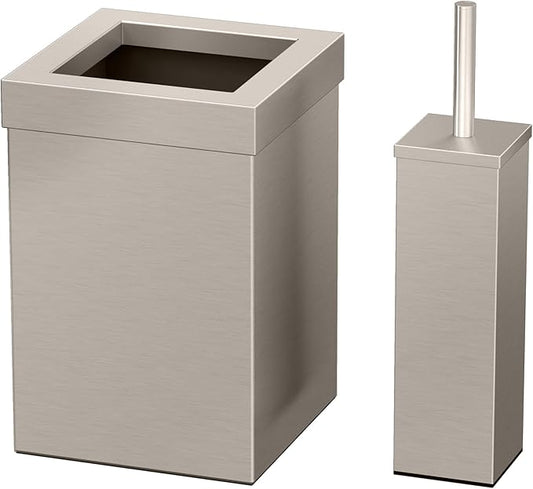 Gatco Small Bathroom Trash Can with Lid and Toilet Brush Set, Square 3 Gallon Stainless Steel Wastebasket, Under Sink, Satin Nickel, for Bathroom, Bedroom, Office (2971)