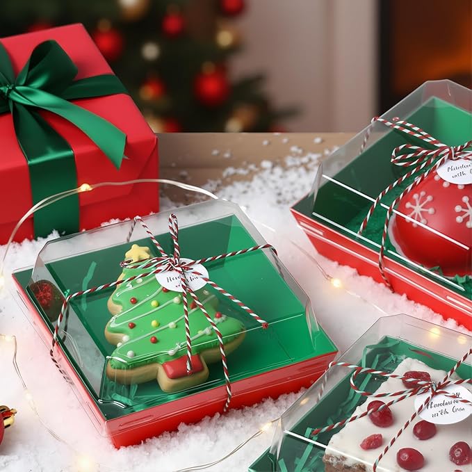 Outus 100 Pack Charcuterie Boxes with Clear Lids, 5.7 x 5.1 '', Mother 's Day Back to School Paper Food Containers Cake Take out Bakery Boxes with Gift Tags Rope for Desserts(Green,Red,Christmas)
