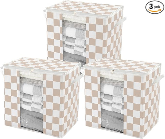 Beige Checkered Clothes Storage Bins, 100L Large Blanket Storage Bags 3 Pack, Closet Organizers and Storage Containers for Comforters, Bedding, Foldable Organizer with Handle