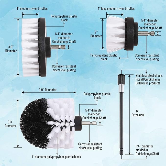 HUAWELL 8 Pack Drill Brush Power Scrubber Cleaning Brush Extended Long Attachment Set All Purpose for Bathroom Surfaces, Grout, Floor, Tub, Shower, Tile, Kitchen and Car (Yellow)